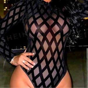 Mesh see through diamond pattern bodysuit